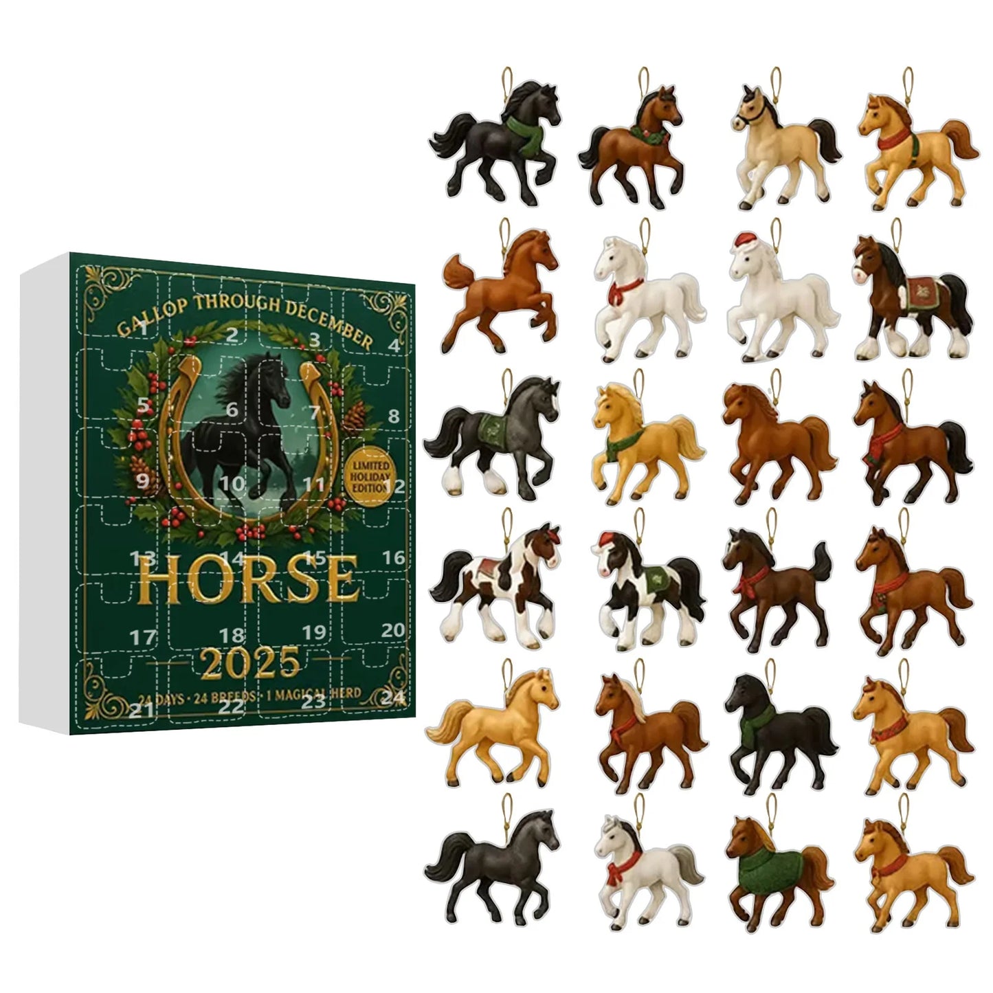 Calendrier de l’Avent Cheval 2025 🐴 | 24 Ornements Acryliques à Suspendre pour Noël