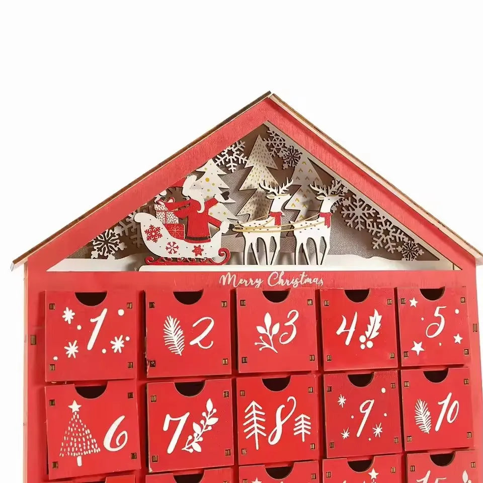 Calendrier de l’Avent Bois Maison 2025 🎄 | 24 Tiroirs à Remplir – Coffret Réutilisable et Déco de Noël Élégante