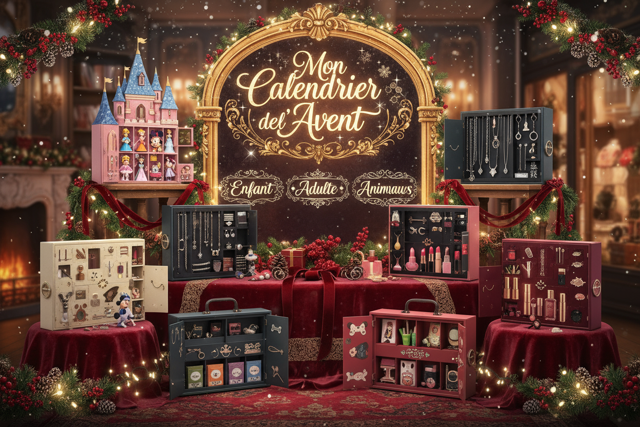 Je veux une image féerique de noel avec dedans plusieurs calendrier de l'avant contenant des objets différents comme par exemple des figurine disney, des bijoux, des accesoires de peche etc... L'image doit contenir un jolie titre avec écrit "Mon Calendrier de l'Avent" et avec ce titre les mentions "Enfant" "Adulte" et "Animaux". c'est une image qui va représenté l'activité de ma boutique e-commerce spécialisé dans les calendrier de l'avant original pour les enfants, les adultes et les animaux