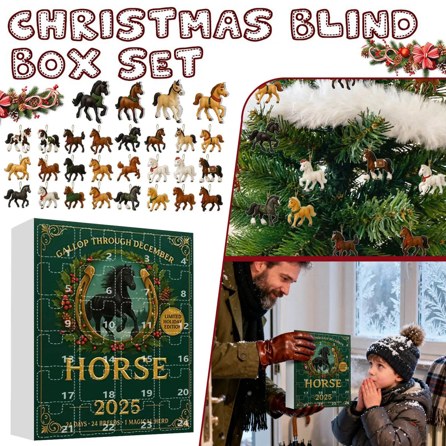 Calendrier de l’Avent Cheval 2025 🐴 | 24 Ornements Acryliques à Suspendre pour Noël